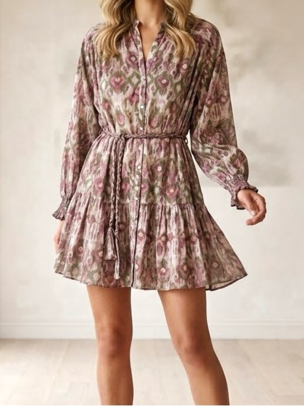 Zara Multicolor Boho Print Long Sleeve Mini Button-Up Chic Shirt Dress Size M